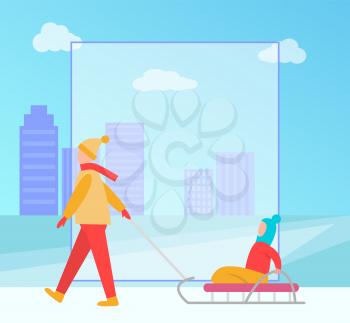 Winter banner with family consisting of mother and kid, child sitting on sledge, and form with space, cityscape on background vector illustration