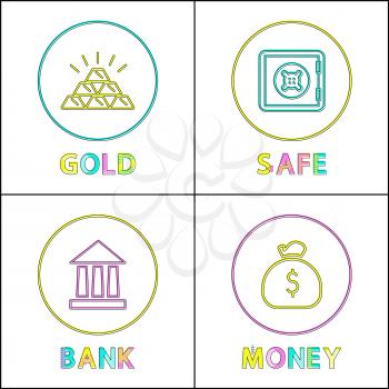 Gold ingot and safe box, reliable system bank building and money bag lineout round framed icon on banking and wealth saving theme illustration set.