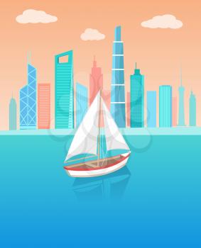 Modern yacht marine nautical personal ship icon. Sail boat with white canvas sailing in deep blue waters and leave trace vector on background of cityscape.