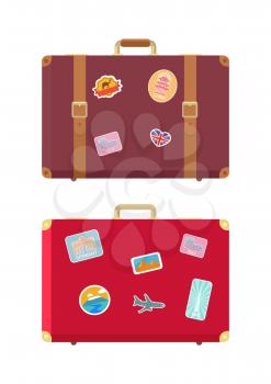 Luggage traveling bags and stickers isolated icons set vector. Berlin construction, aircraft and Egypt camel. Pyramids and places to see for tourists