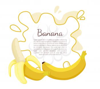 Banana poster with frame and place for text. Exotic juicy ripe yellow fruit berry, vector isolated. Tropical edible food, dieting vegetarian icon