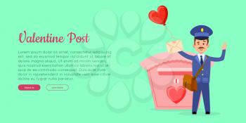 Valentine postman in uniform with mailbag holding envelope with heart balloon near postbox flat vector illustration. Horizontal concept for mail or post company landing page
