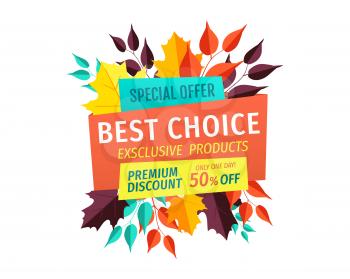 Special offer logo best choice for autumn season. Fall leaves on stems and discount or sale emblem with half price off vector illustration isolated.
