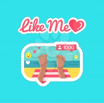 Like me social network and streams isolated stickers vector. Person relaxing on seaside, beach online translations to followers. Emotions and reaction