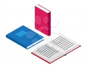 Three blue and red books open and closed in various positions isolated on white. Vector colorful poster of paper source of information