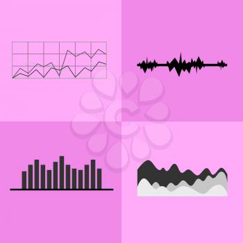 Line and bar graphs icons with vertical and horizontal axises, coordinate systems with grids and charts vector illustration isolated on pink background