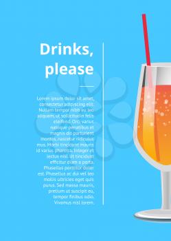 Drinks please poster with lemonade cocktail in glass with straw vector illustration isolated on blue with place for text, orange cocktail with bubbles