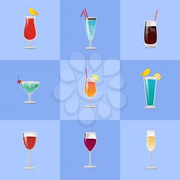 Vector illustration of different cocktails types decorated with umbrellas, lime and lemon served with ice and straws on blue background.
