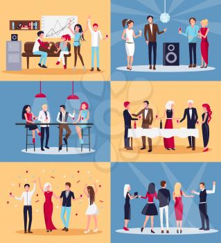 People having fun together in night club and office and drinking wine on vector illustration isolated on yellow and blue background