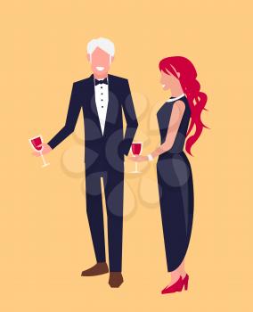 Couple dressed officially talk smiling. Both people on vector illustration have glasses of wine. Shapes of lovers isolated on orange background