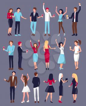 Men and women, dressed in evening dresses and shirts with trousers, set of icons, people with red wine and champagne vector illustration