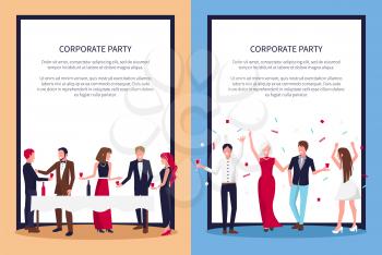 Corporate party posters set with text sample and people drinking wine and raising hands with confetti above, vector in frame, teambuilding concept
