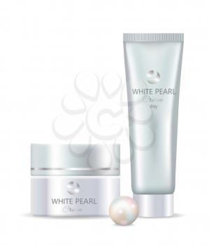 White pearl cream day, set of two items with brand name on it, cosmetic product for women, icon on vector illustration isolated on white