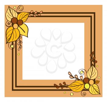 Border empty inside with place for text vector of photoframe in fall season style. Autumn frame consisting of two lines and leaves, floral decoration