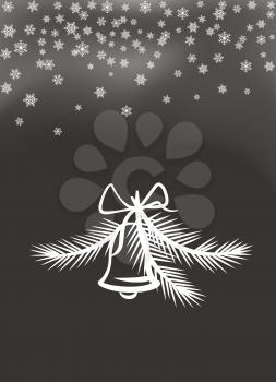 Jingle bell with bow and feathers white silhouette on dark gray background with abstract snowflakes snowballs vector illustration