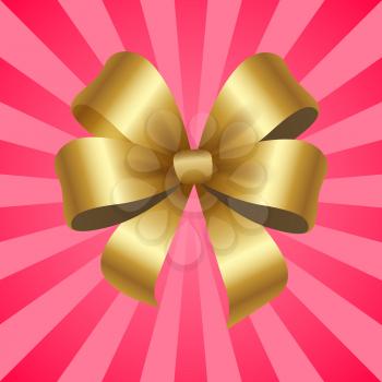 Gold decorative bow vector illustration isolated on background with pink rays. Present or gift elegant tied satin ribbon of gold in realistic design