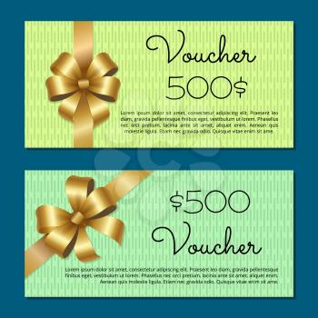Voucher on 500 set of gift certificates for discounts in fashionable stores vector. Posters with gold ribbons and bows with calligraphy text