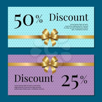 Discount on 50 25 percent set of posters with gold ribbons and bows on abstract purple and blue. Gift certificates vouchers with place for text
