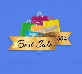 Best sale 50 half price shopping bags colorful set isolated on blue background vector illustration. Packages with handles for presents and gifts