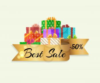 Best sale 50 off poster with golden ribbon and pile of present gift boxes in decorative wrapping with bows vector illustration on white background