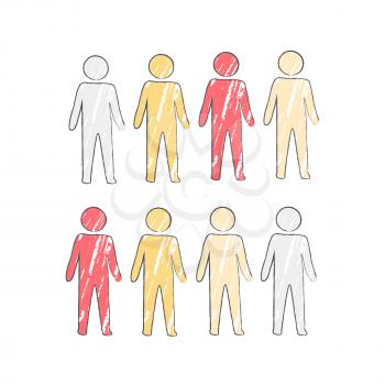 Person icon in four different colors white, orange, pink and red. Vector illustration with silhouette of faceless man isolated on white background