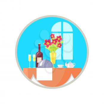 Served with vine and dishes restaurant table with flowers in vase. Vector illustration of icon with cafe isolated on white background