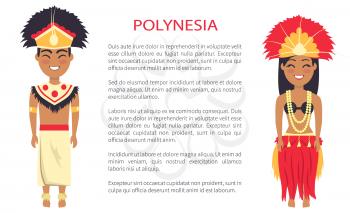 Polynesia couple wearing traditional clothes with feathers and hats, vector international day poster ethnic people with text, native polynesians