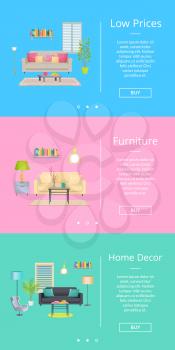 Low prices and furniture, home decor, web pages of internet shop, text and images of rooms design in modern way vector illustration