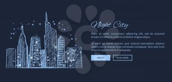 Night city web page representing hight building and glowing lights, picture with text sample and buttons on it vector illustration