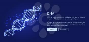 DNA code structure with chromosomes radiate light white glow web banner. Vector illustration of gene code icon isolated on dark blue background