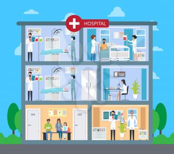 Hospital building with floors, patients are waiting for doctors, laboratory and operation, specialist controls process vector illustration