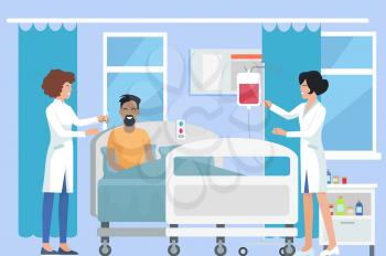 Nurses caring for patient, big hospital room with curtains, window and bed, drop-bottle and women on vector illustration isolated on blue