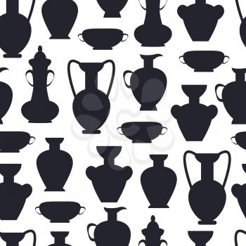 Ancient clay vases isolated vector illustration silhouettes on white background. Polished antique vessels seamless pattern in black color