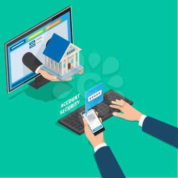 Online banking service account security concept. Mans hands typing password on PC from message on phone isometric vector. Passing two step verification during login in bank client page 3d illustration