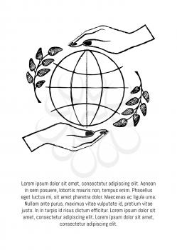 International peace day poster with two hands protecting globe vector illustration isolated on white with olive branches poster with text