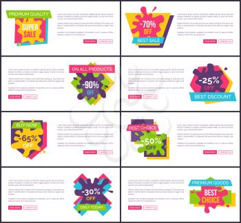 Premium quality super sale, -70 off on all products, web set that consist of image with headline, text and buttons vector illustration