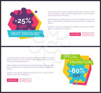 -25 best discount, special promotion -80 off, web pages collection with text sample, headline and buttons on vector illustration