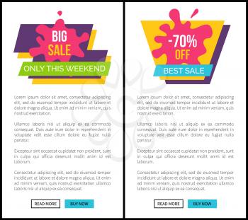 Big sale only this weekend, total end discounts -70 off, headline and additional phrase on ribbon vector illustration isolated on white web posters set
