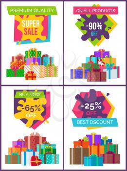 Premium quality special price offer set of color posters on white background. Vector illustration with exclusive proposition decorated with gift boxes