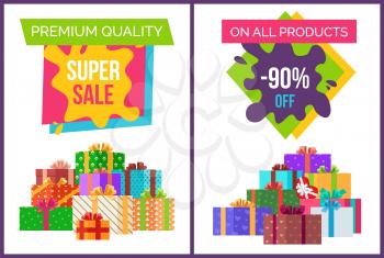 Premium quality super sale offer set of color posters on white background. Vector illustration with exclusive proposition decorated with gift boxes