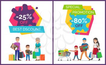 Best discount special promotion posters with families, little kid dressed in red t-shirt pulling cart with bags vector illustration isolated on white