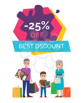 -25 off best discount, placard depicting smiling grandparents and their grandson, they are holding bags, vector illustration isolated on white