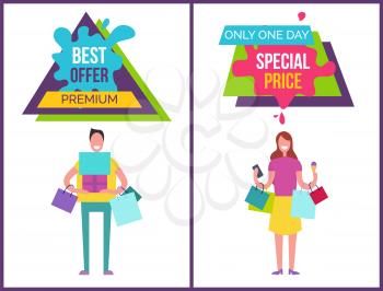Best offer premium only one day price, banners collection with triangle and rectangular labels, text sample and images vector illustration