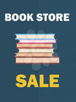 Banner dedicated to International Book Day vector illustration on blue background. Store sale poster with pile of books close up