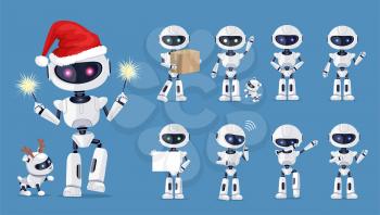 Funny robot set of icons with white beautiful cyborg and his friend on blue background. Vector illustration with robot-man and deer in different poses