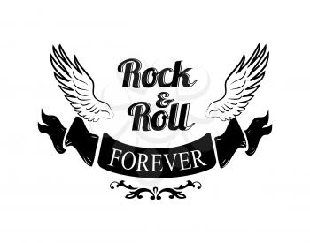 Rock n roll forever, title written in black ribbon placed beneath icon of wings represented on vector illustration isolated on white