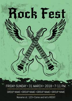 Rock fest party advertising with two crossed electrical guitars with wings. Vector illustration contains space for details of event