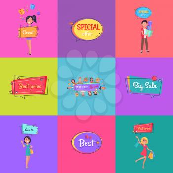 Set of posters with sale adverts, man and women at shopping. Vector illustrations of best offer advertisements isolated on color background