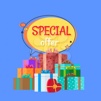 Special offer free gifts poster with decorated boxes in color holiday wrapping paper vector illustration isolated on blue. Best proposal discounts