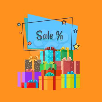 Sale inscription in square bubble with piles of presents and gift boxes vector illustration isolated on orange background. Best offer discounts